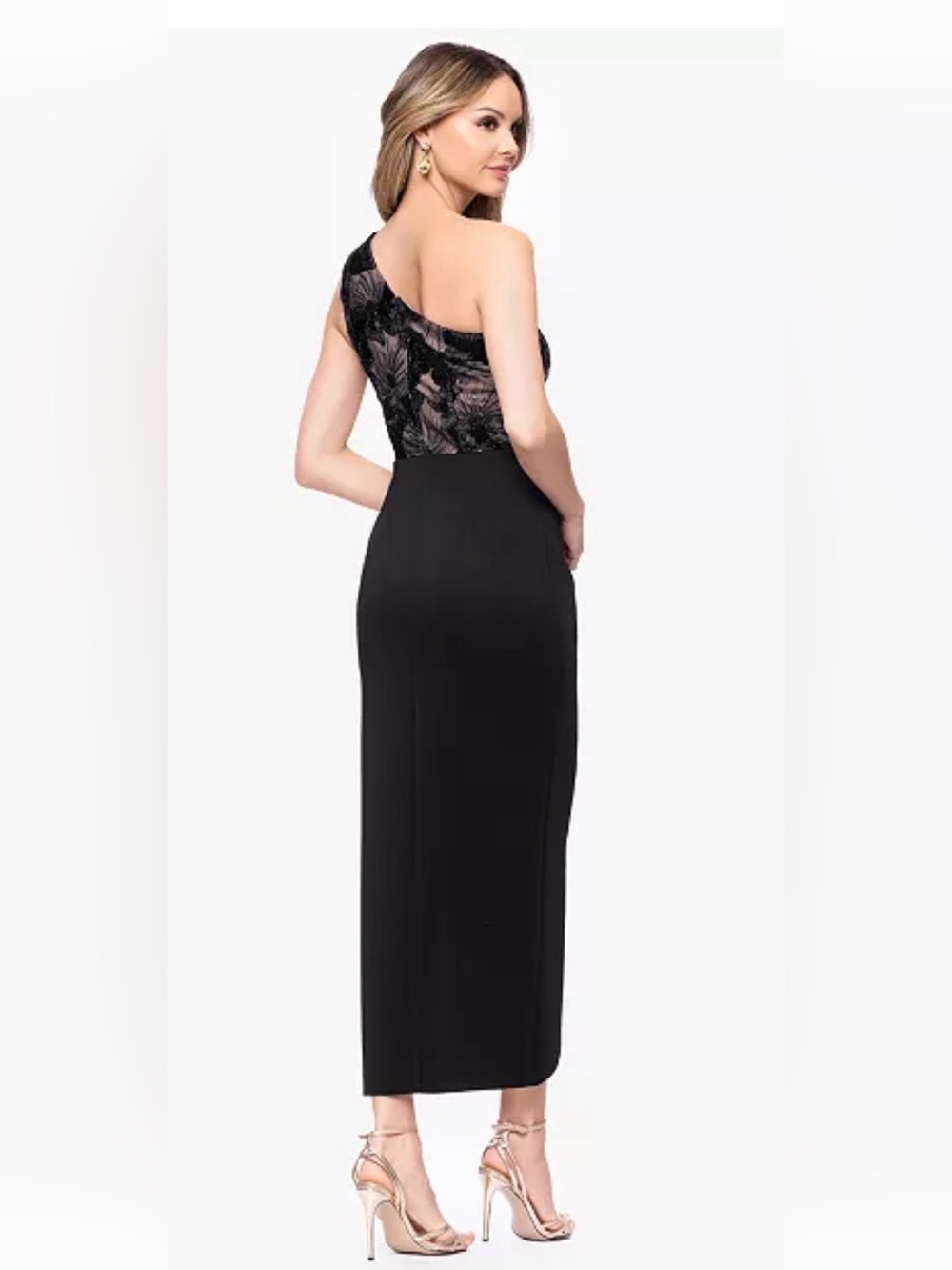 Betsy & Adam One-Shoulder Black Evening Dress with Lace Bodice